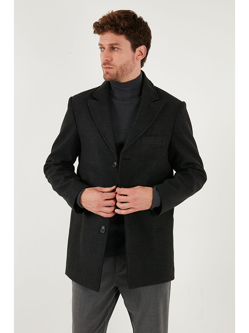 Gri Slim Fit Apaş Yaka Astarlı Kaşe Kaban 584K1217-3