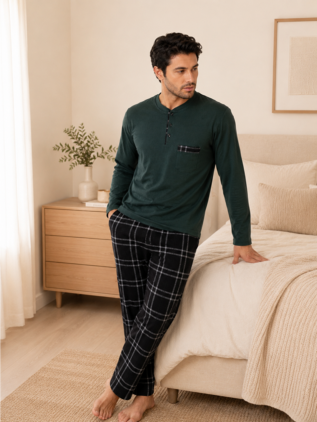 Haki PREMIUM Erkek %100 Doğal Pamuk Ekoseli Yüksek Kaliteli Düğmeli Cepli Uzun Kollu Pijama Takımı-2