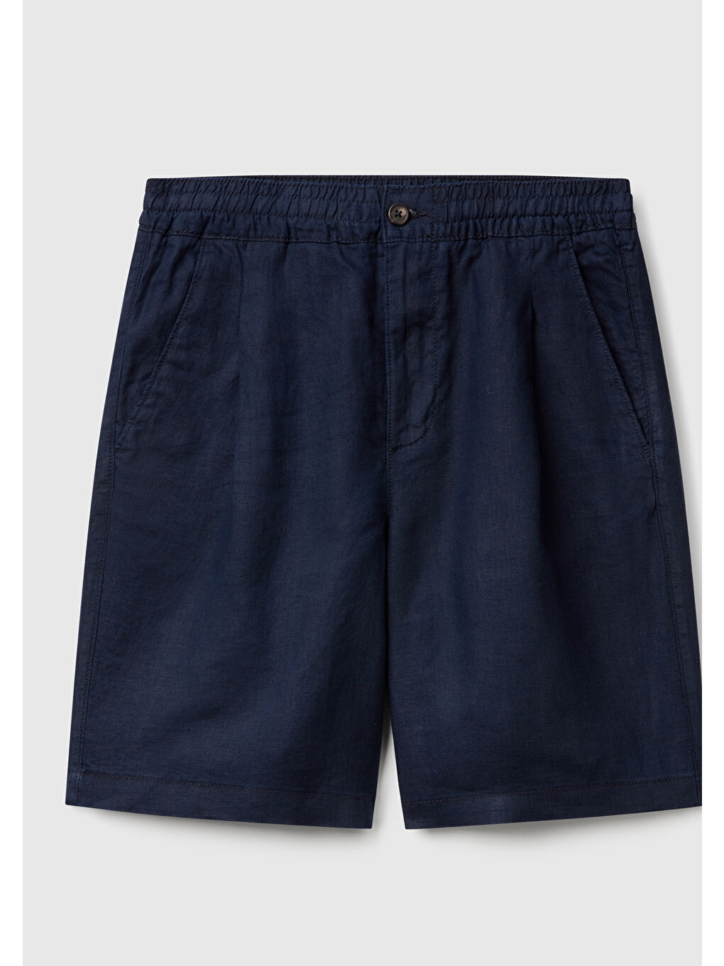 Erkek Lacivert %100 Keten Büzgü İpli Düğmeli Pile Detaylı Bermuda Şort