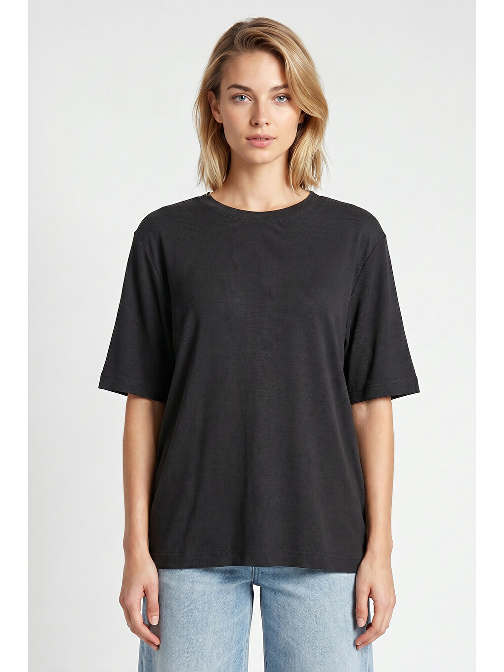 Antrasit Oversize Basic Fitilli Modal T-shirt ANTRASİT LUB0361-1
