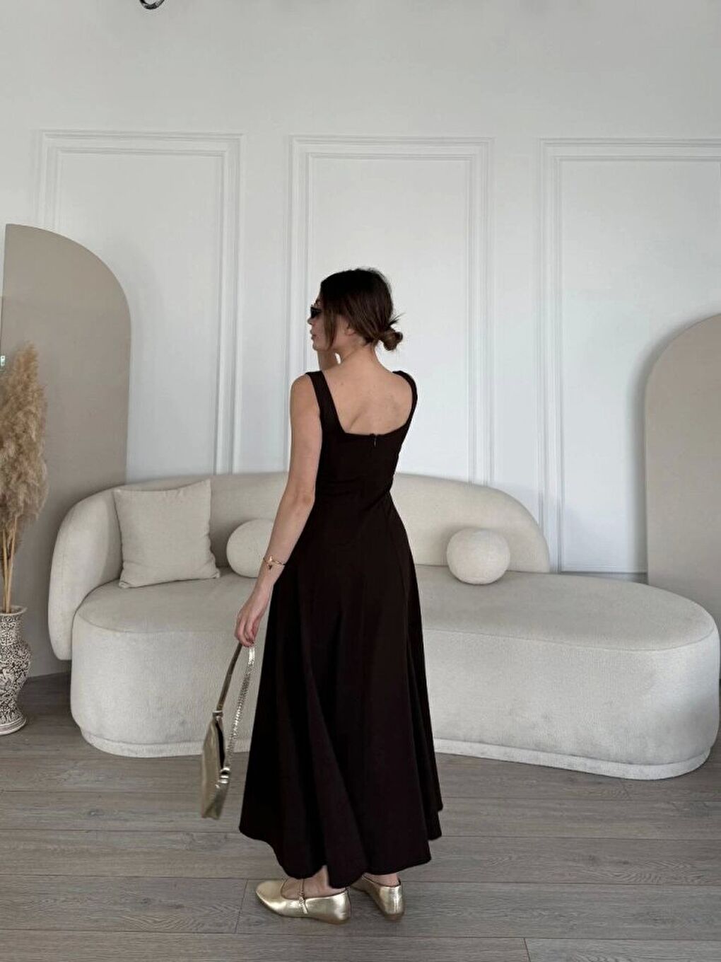 Sırt Dekolteli Kolsuz Uzun Elbise - Kahverengi-2