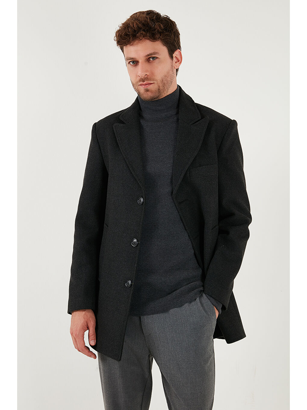 Gri Slim Fit Apaş Yaka Astarlı Kaşe Kaban 584K1217-4