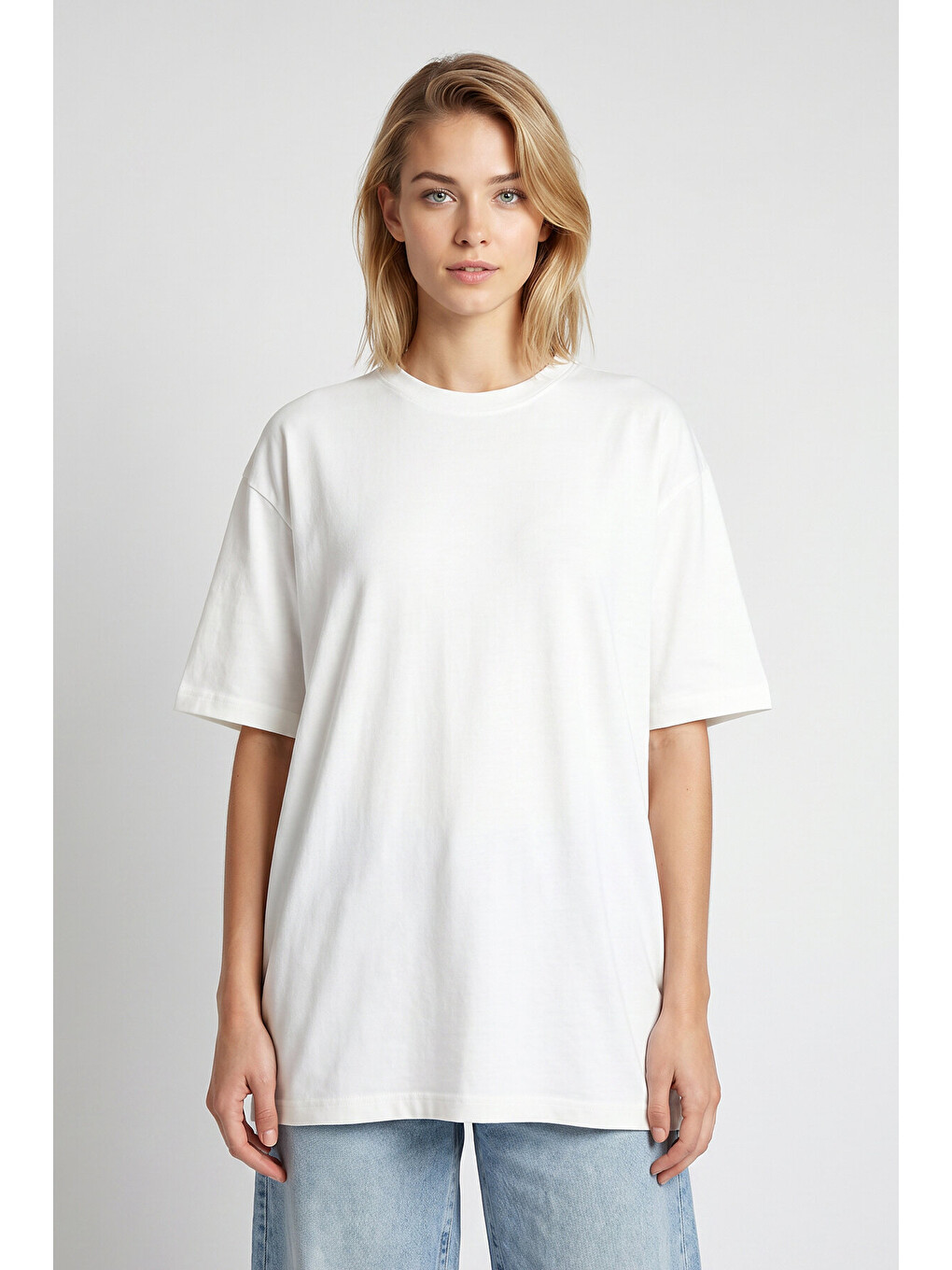 Ekru Oversize Basic Fitilli Modal T-shirt EKRU LUB0361-1