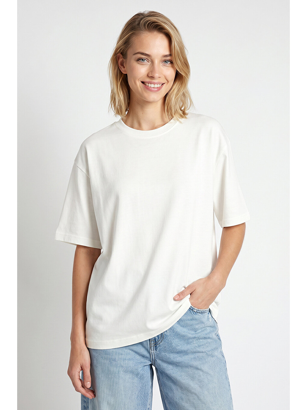 Ekru Oversize Basic Fitilli Modal T-shirt EKRU LUB0361-2