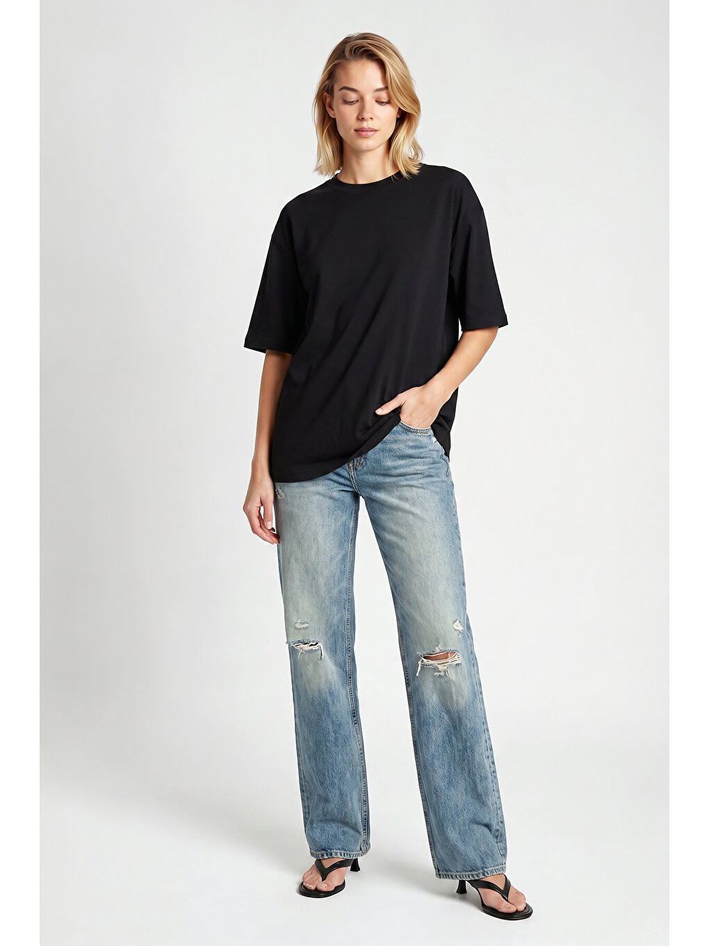 Siyah Oversize Basic Fitilli Modal T-shirt SİYAH LUB0361-1