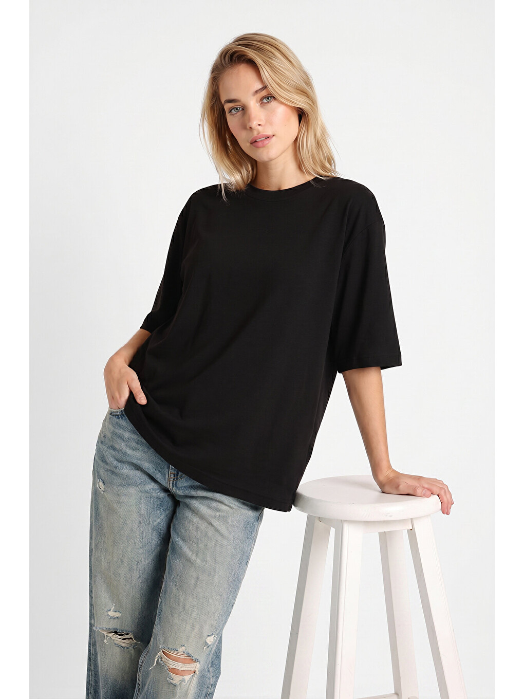 Siyah Oversize Basic Fitilli Modal T-shirt SİYAH LUB0361-2