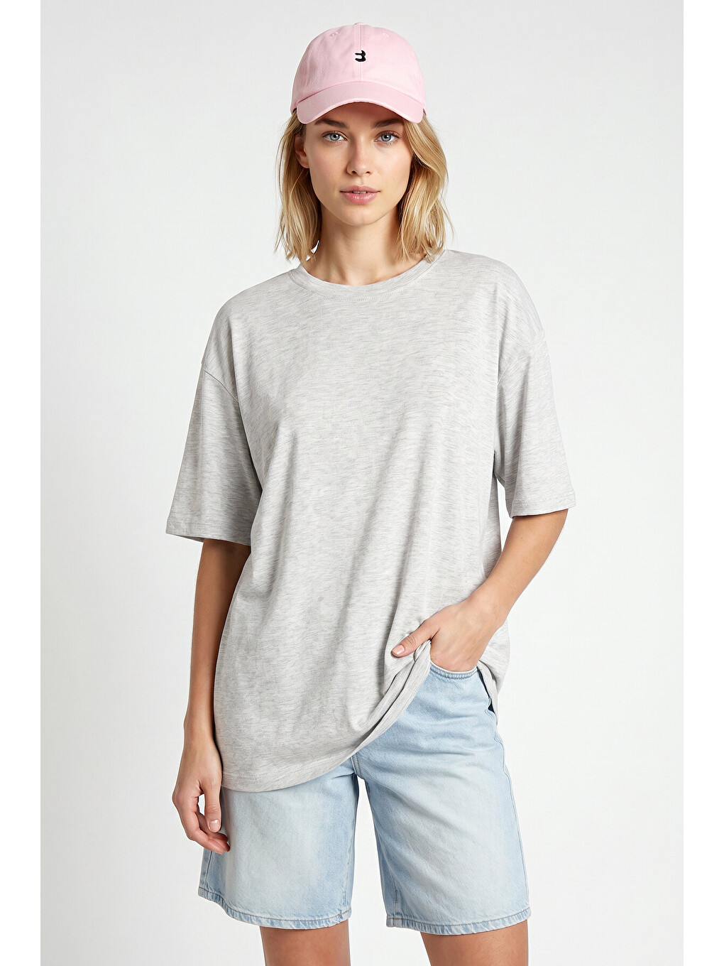 Gri Oversize Basic Fitilli Modal T-shirt GRİ MELANJ LUB0361