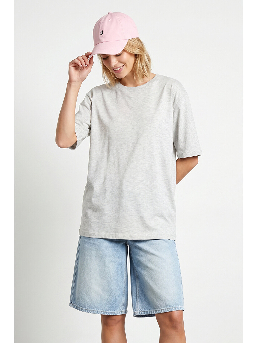 Gri Oversize Basic Fitilli Modal T-shirt GRİ MELANJ LUB0361-2