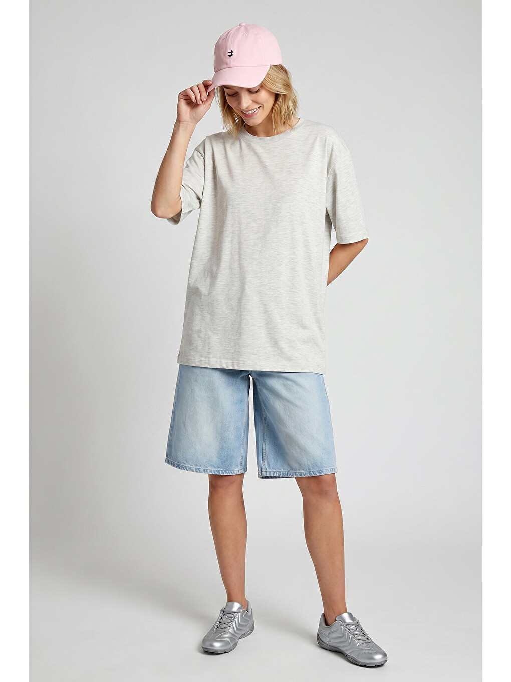 Gri Oversize Basic Fitilli Modal T-shirt GRİ MELANJ LUB0361-3
