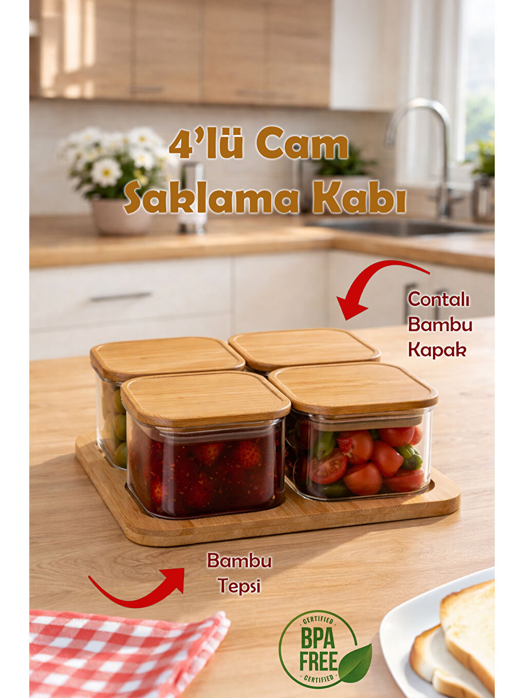Renksiz HF009009 Kare 4lü Hava Geçirmez Bambu Kapaklı Standlı Cam Kahvaltılık Seti 250ml