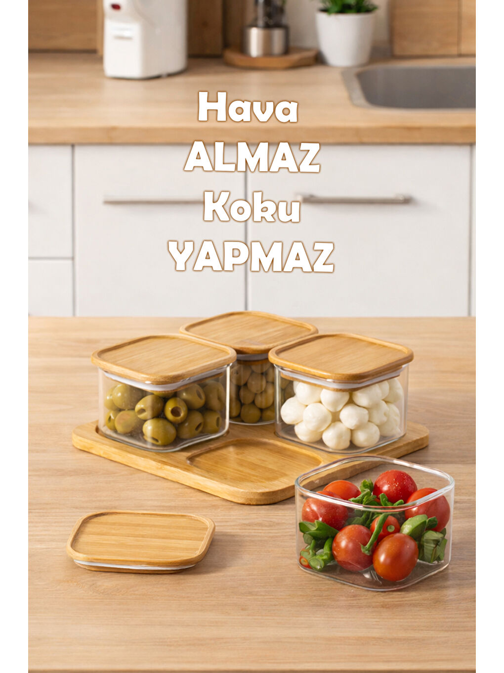 Renksiz HF009009 Kare 4lü Hava Geçirmez Bambu Kapaklı Standlı Cam Kahvaltılık Seti 250ml-1