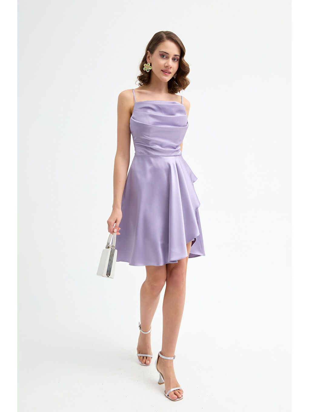 Kadın Lila Volanlı Yırtmaçlı Kısa Saten Abiye & Mezuniyet Elbisesi