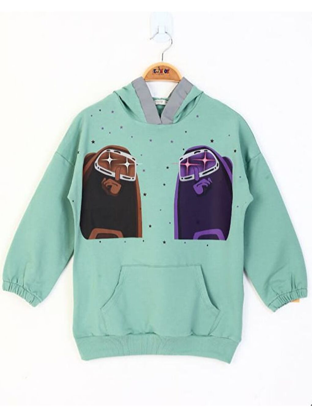 Yeşil Kız Çocuk Robot Reflektörlü Baskılı Sweatshirt