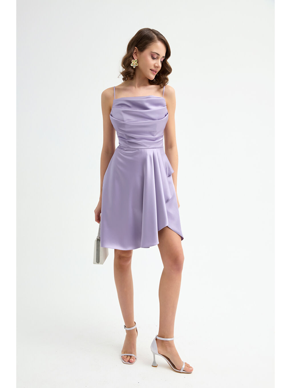 Kadın Lila Volanlı Yırtmaçlı Kısa Saten Abiye & Mezuniyet Elbisesi-1