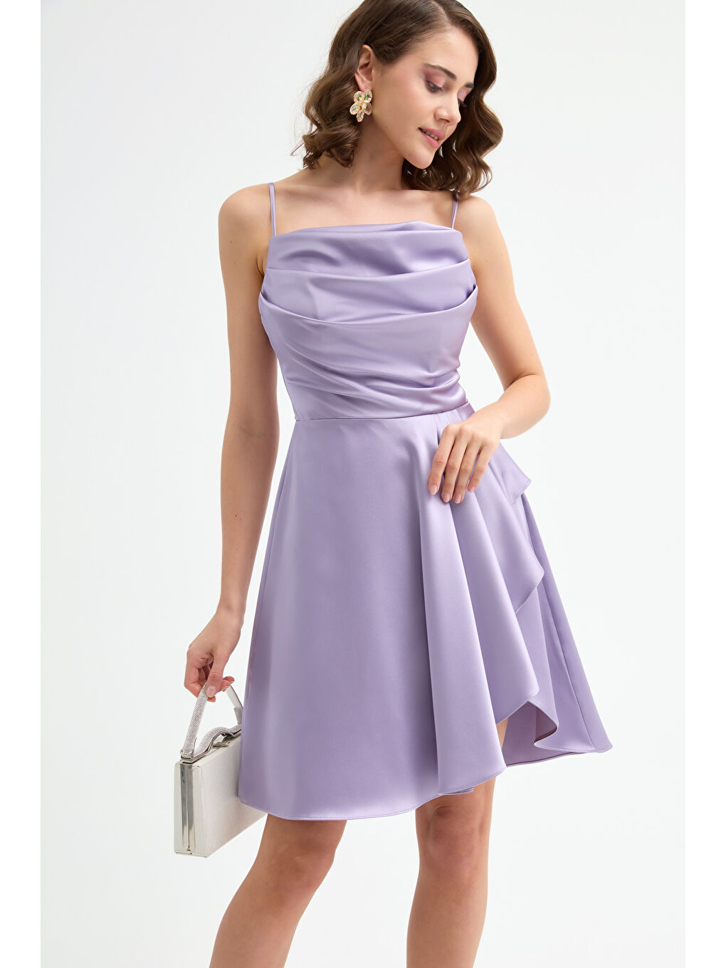 Kadın Lila Volanlı Yırtmaçlı Kısa Saten Abiye & Mezuniyet Elbisesi-2