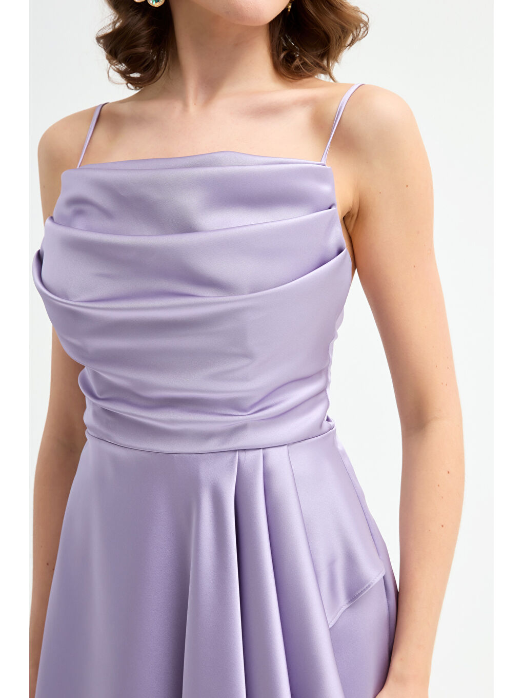 Kadın Lila Volanlı Yırtmaçlı Kısa Saten Abiye & Mezuniyet Elbisesi-3