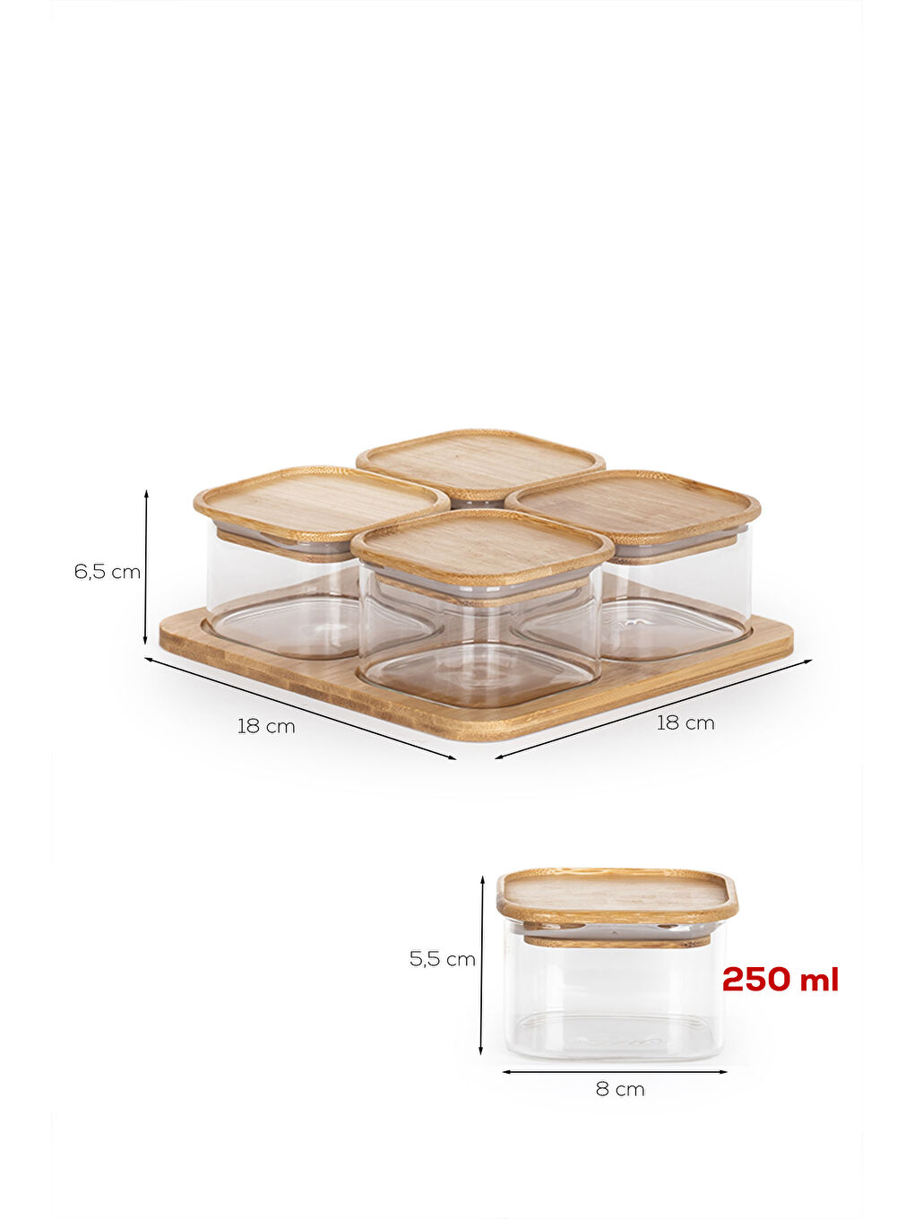 Renksiz HF009009 Kare 4lü Hava Geçirmez Bambu Kapaklı Standlı Cam Kahvaltılık Seti 250ml-3