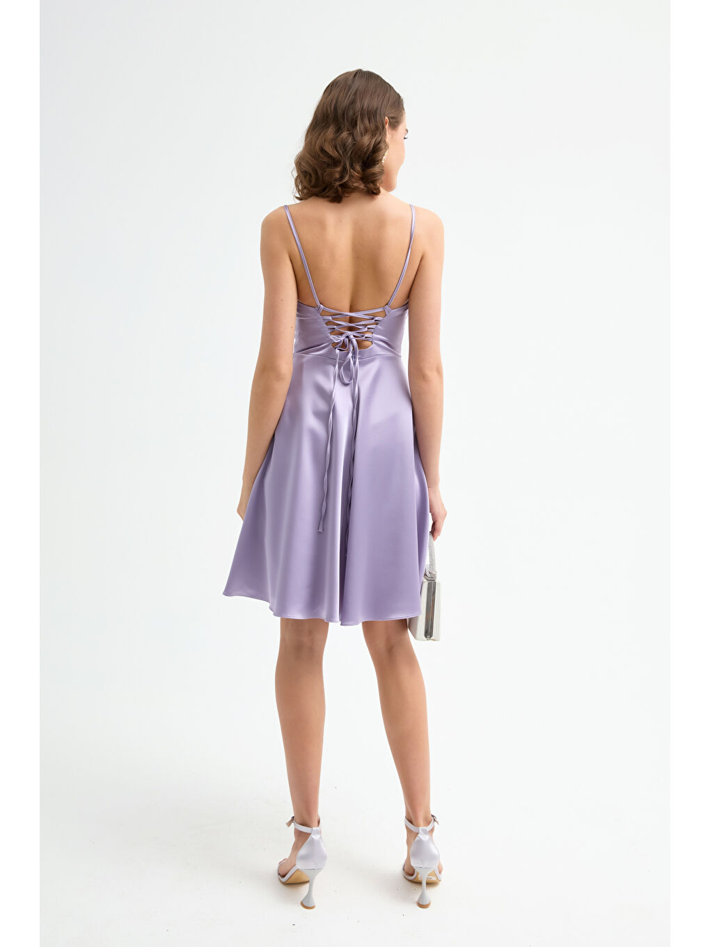 Kadın Lila Volanlı Yırtmaçlı Kısa Saten Abiye & Mezuniyet Elbisesi-4