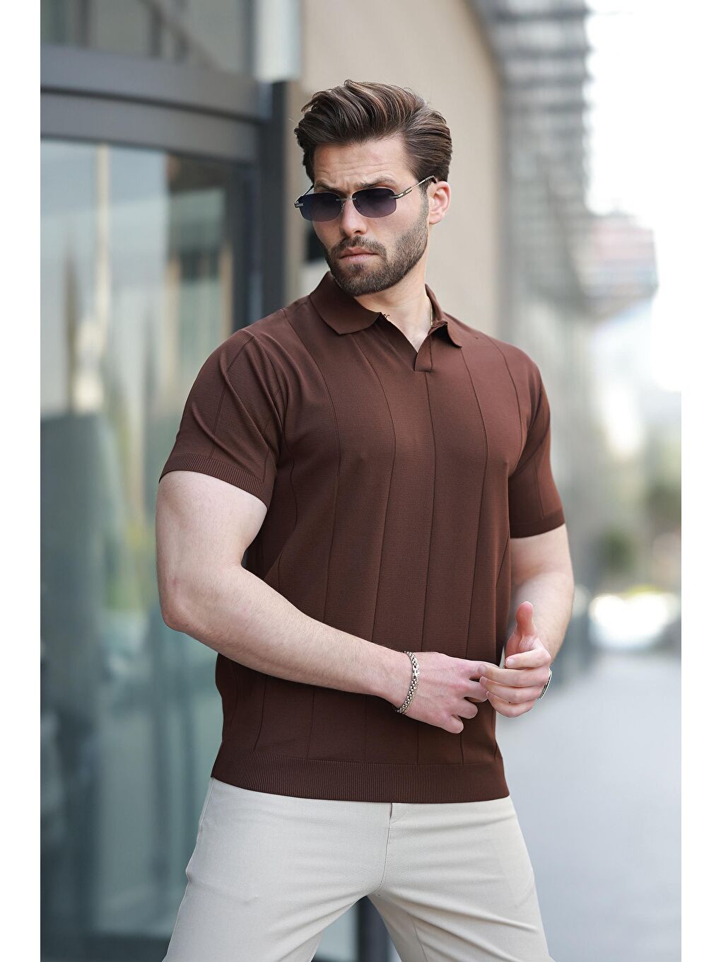 Kahverengi Polo Yaka Triko Erkek Tişört E7417