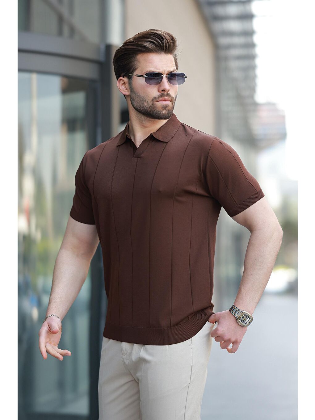 Kahverengi Polo Yaka Triko Erkek Tişört E7417-1