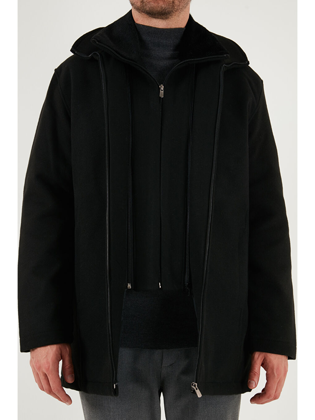 Siyah Slim Fit Çıkarılabilir Tüylü Yaka Detaylı Astarlı Kaşe Kaban 58400217-5