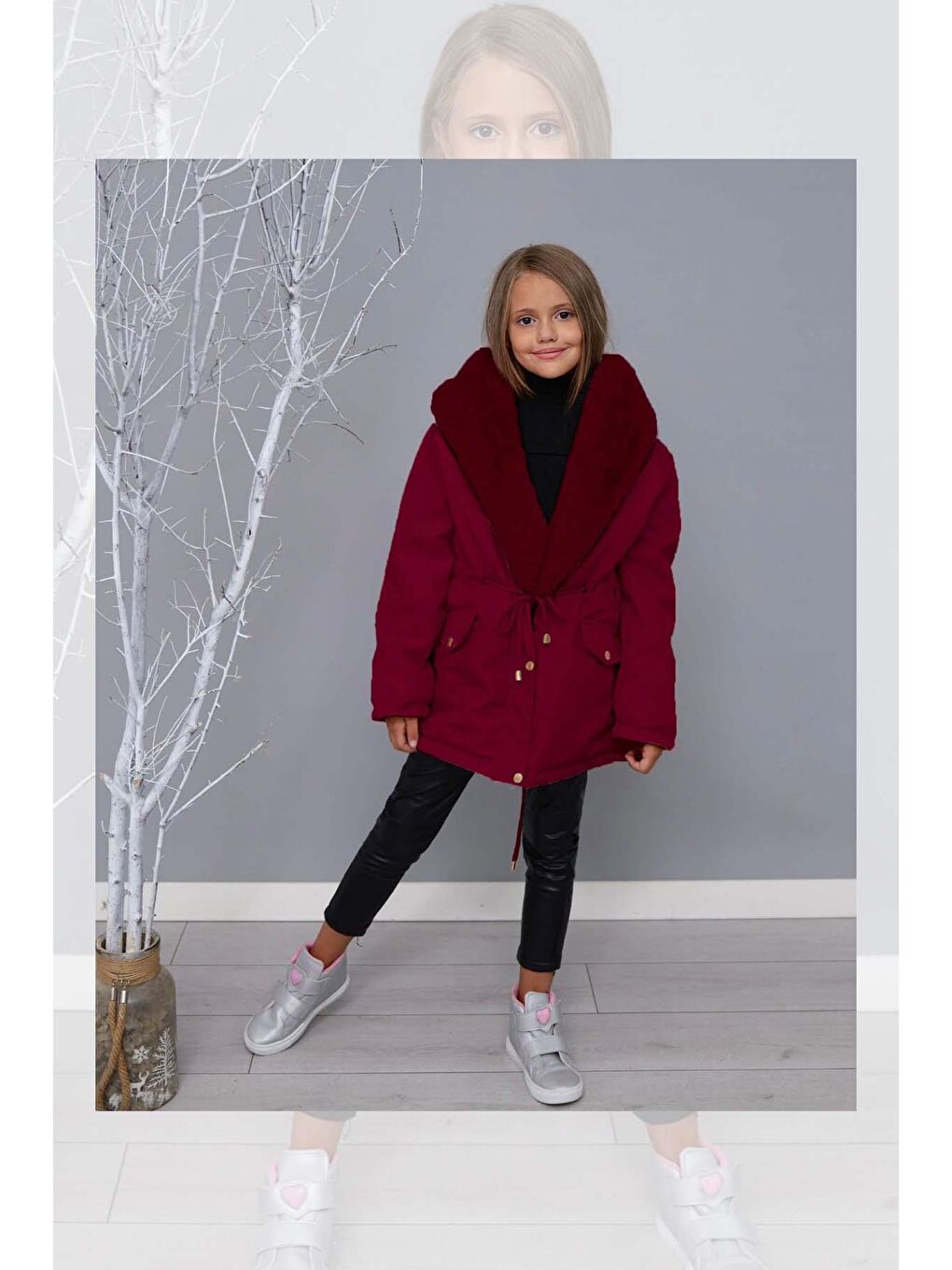 Kız Çocuk Kapüşonu ve Yakası Peluşlu İp Detaylı Bordo Mont-2
