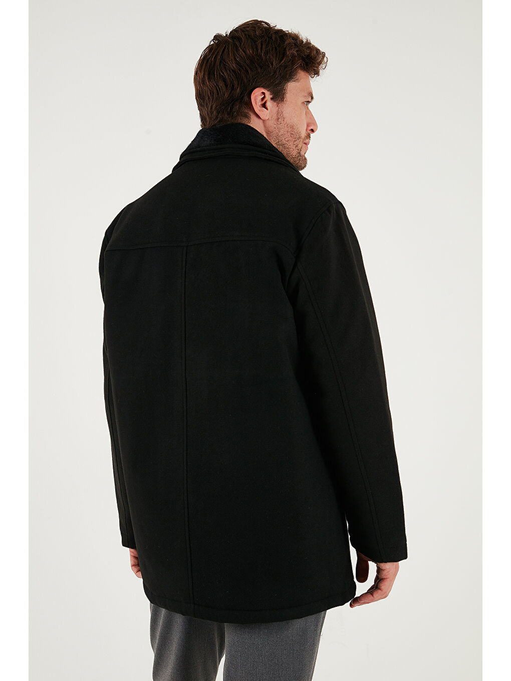 Siyah Slim Fit Çıkarılabilir Tüylü Yaka Detaylı Astarlı Kaşe Kaban 58400217-6