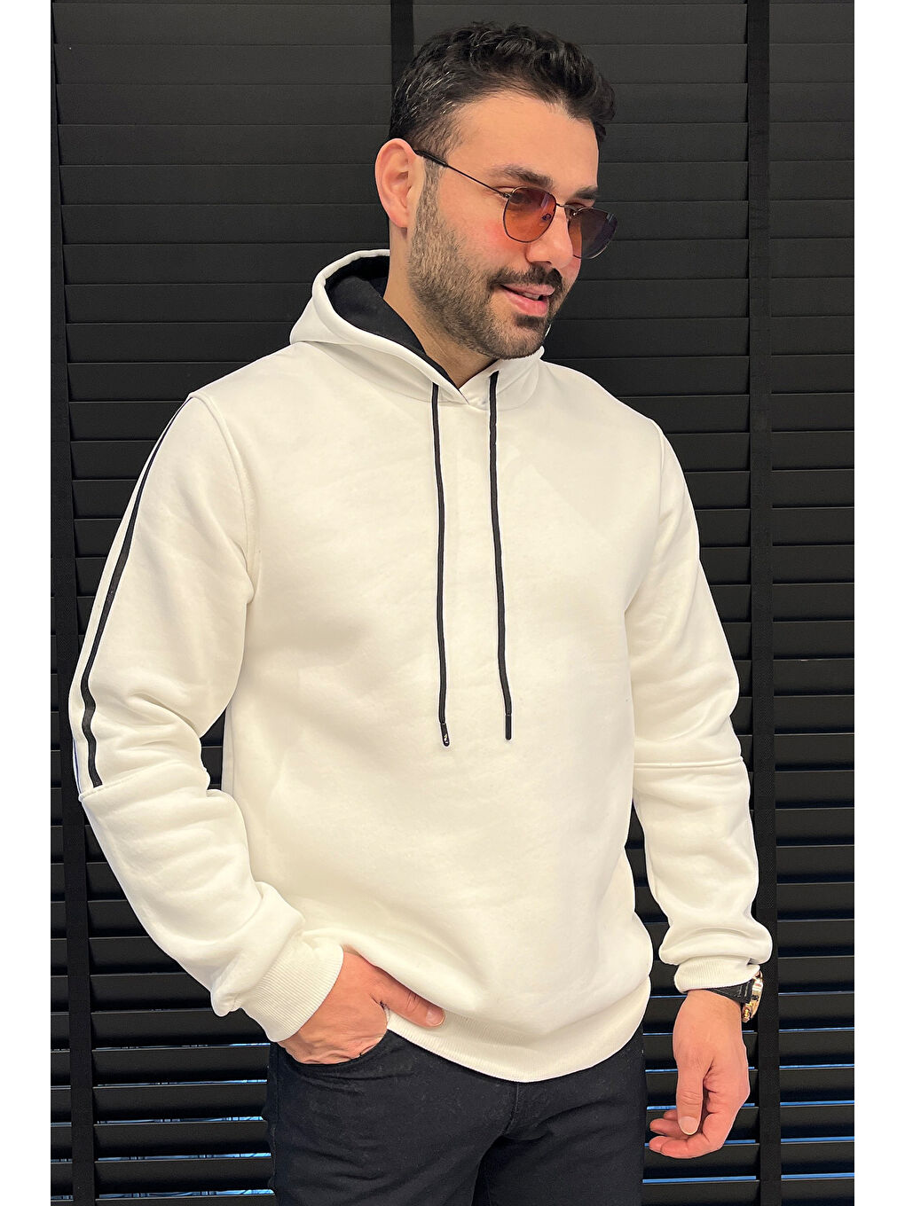 Mishar İtalia Beyaz Üç İplik Şardonlu Kapüşonlu Erkek Sweatshirt