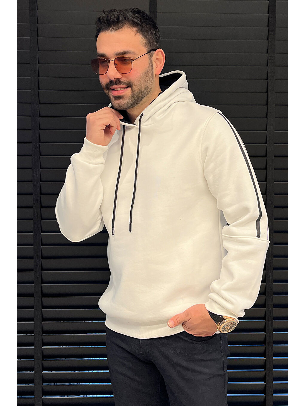 Mishar İtalia Beyaz Üç İplik Şardonlu Kapüşonlu Erkek Sweatshirt - 1