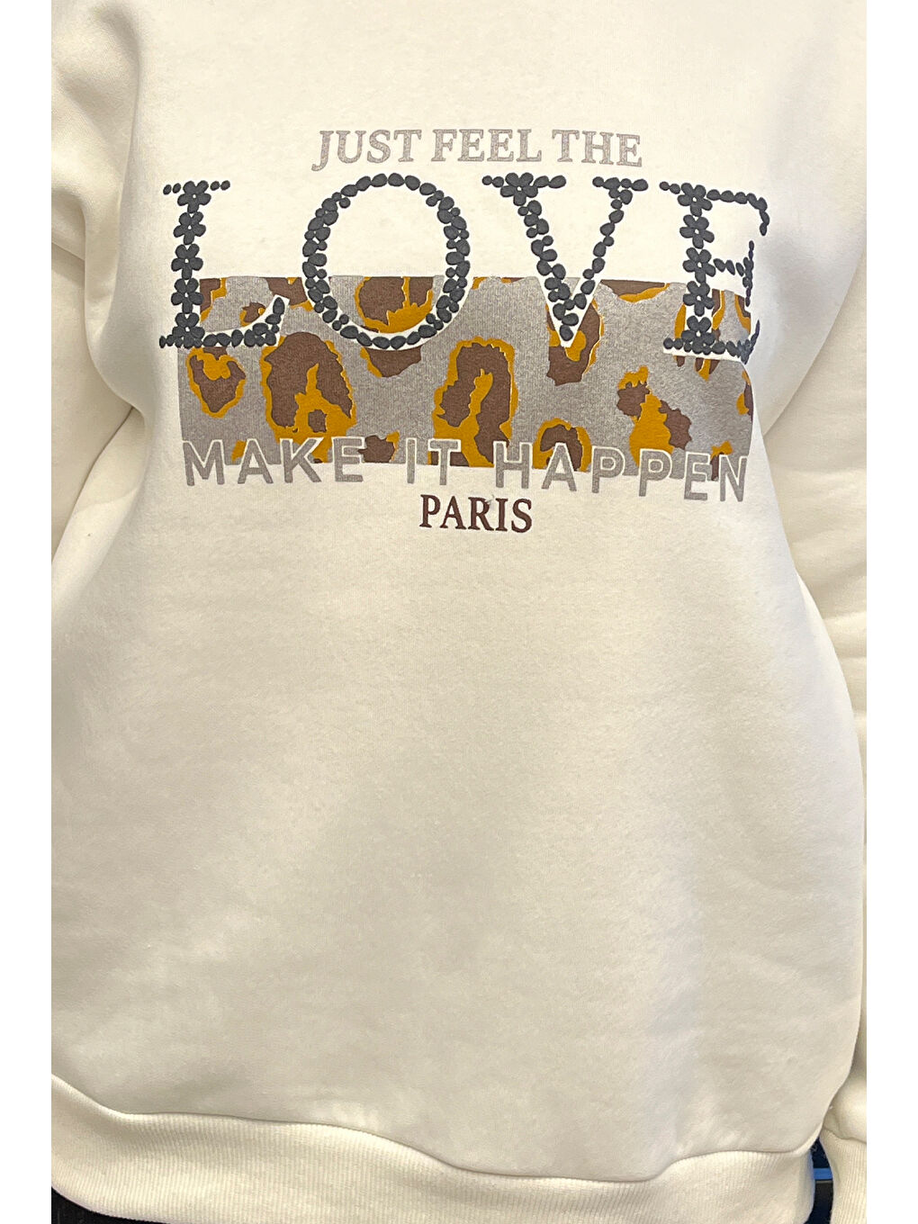 Ekru Kadın Bisiklet Yaka Üç İplik Şardonlu Sweatshirt-2