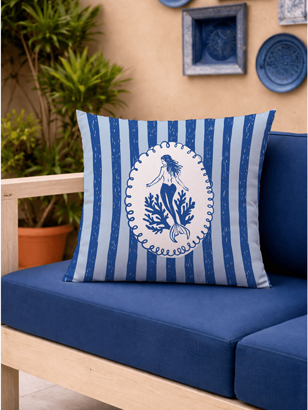 Mavi Çizgili Denizkızı Desenli Süet Kırlent Kılıfı 43x43 Çift Taraflı-6