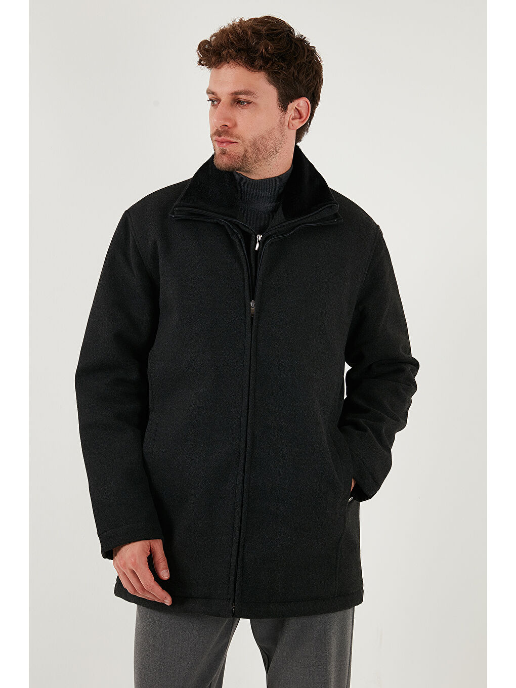 Gri Slim Fit Çıkarılabilir Tüylü Yaka Detaylı Astarlı Kaşe Kaban 58400217-2