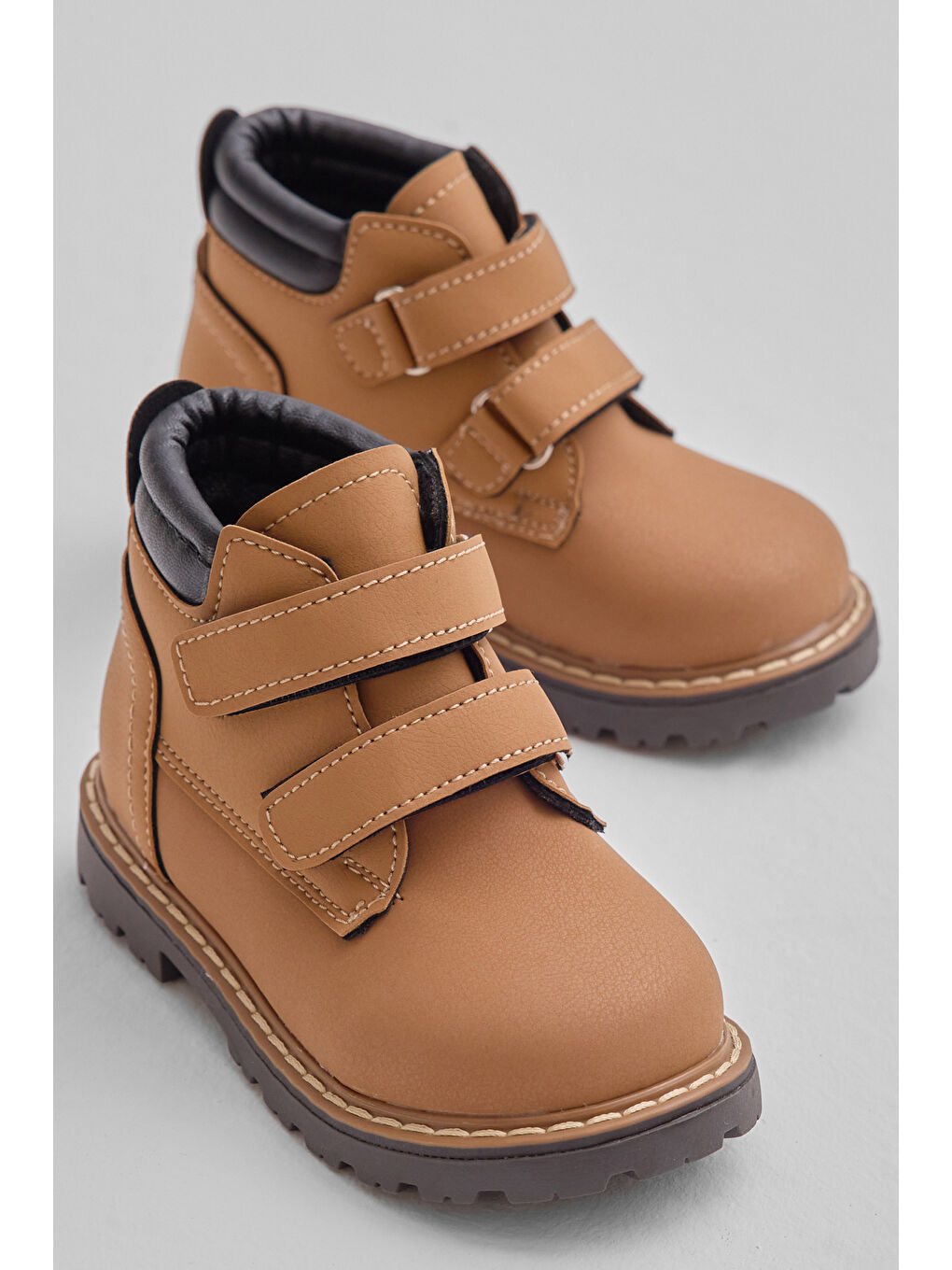 Kahverengi Çocuk Unisex Camel Kalın Termo Taban Sıcak Astarlı Çift Cırtlı Bot