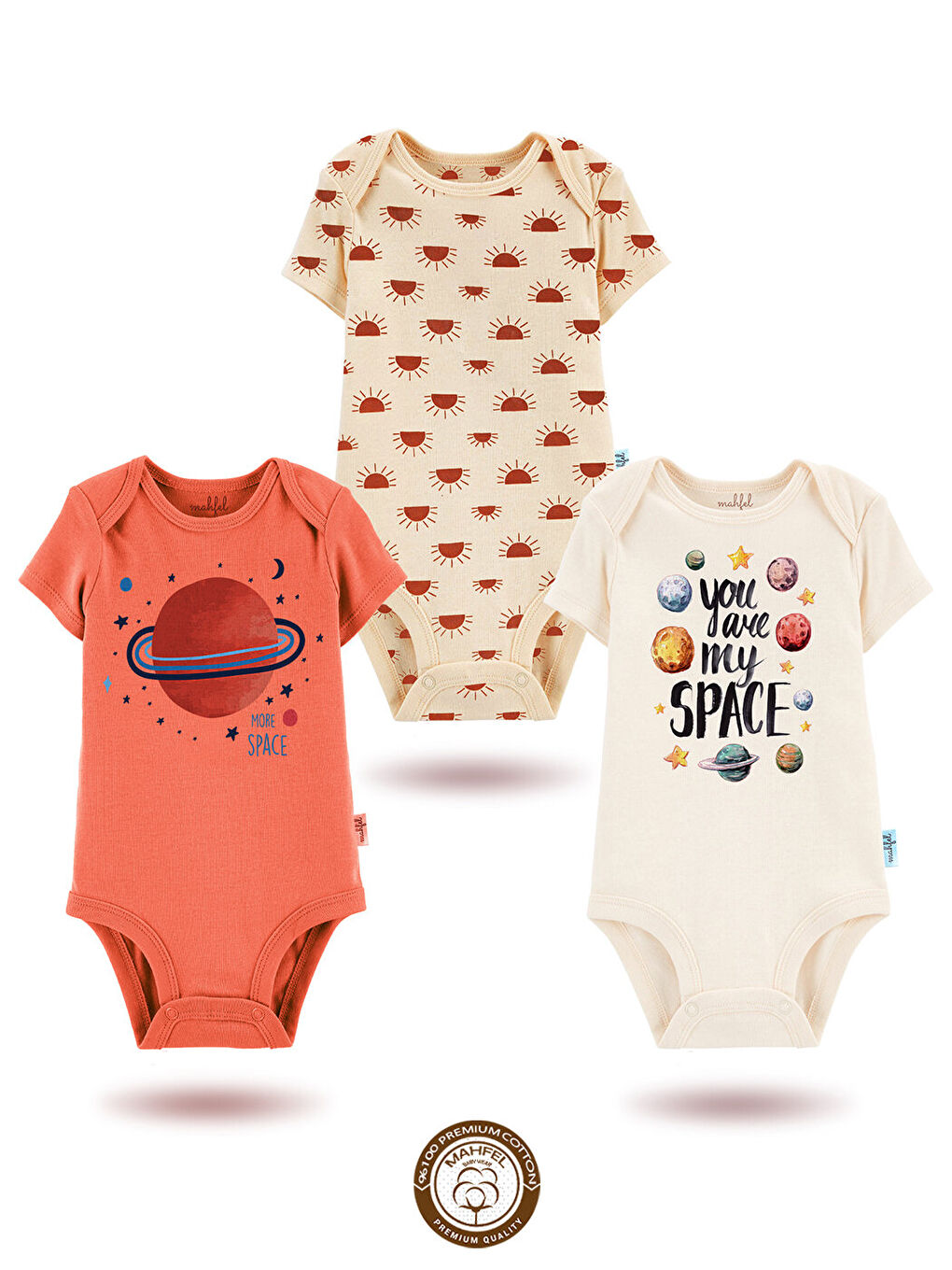 Kahverengi 3'lü %100 Pamuklu Organik Baskılı Kısa Kollu Çıtçıtlı Bebek Body Zıbın 452-462