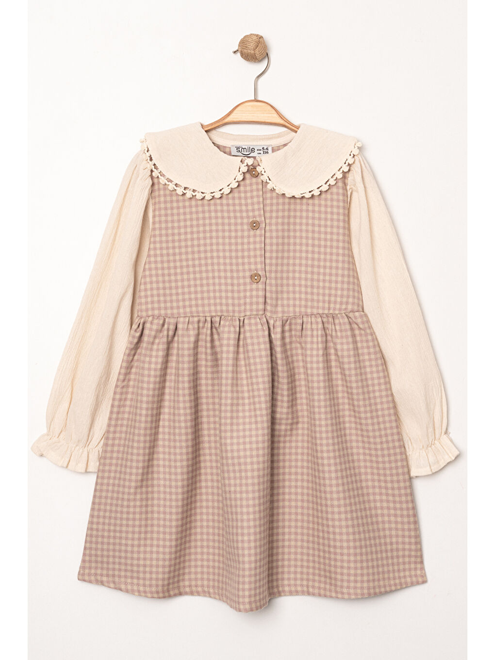 Pembe Kız Çocuk Gül Kurusu Ekose Yaka Detaylı Düğmeli 3-7 Yaş Elbise