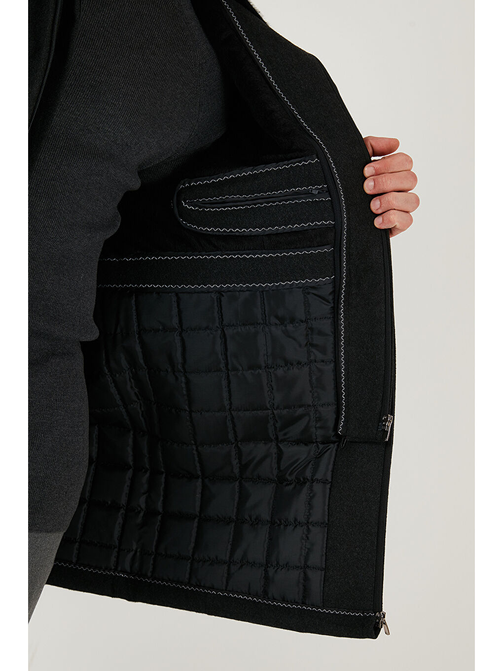 Gri Slim Fit Çıkarılabilir Tüylü Yaka Detaylı Astarlı Kaşe Kaban 58400217-5