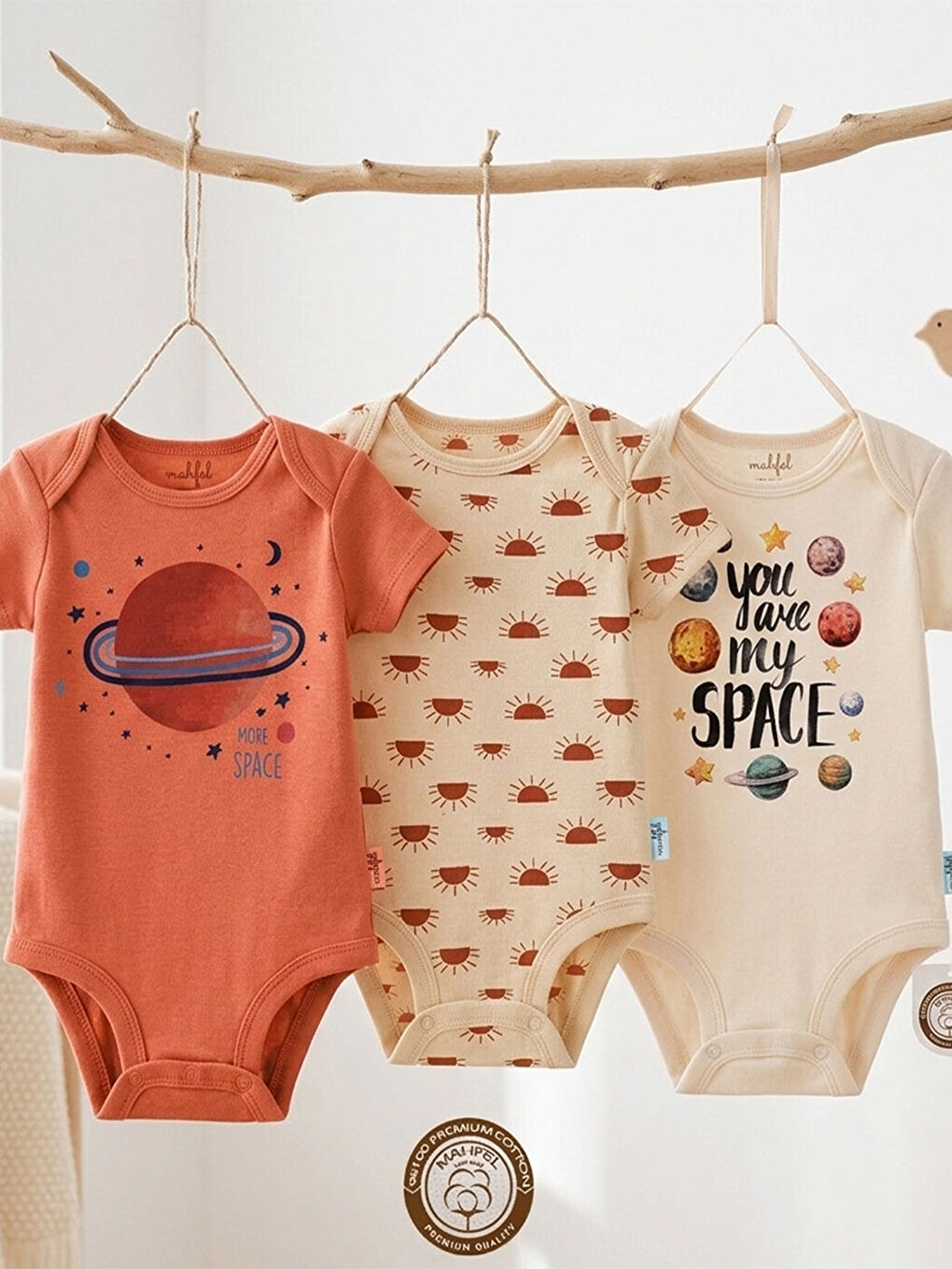 Kahverengi 3'lü %100 Pamuklu Organik Baskılı Kısa Kollu Çıtçıtlı Bebek Body Zıbın 452-462-1