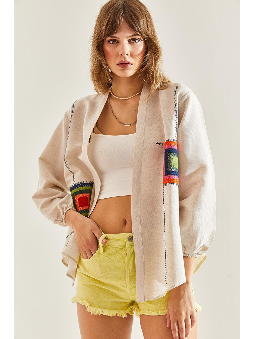 Bej Kadın Keten Nakış İşlemeli Kol Lastikli Oversize Kimono-4