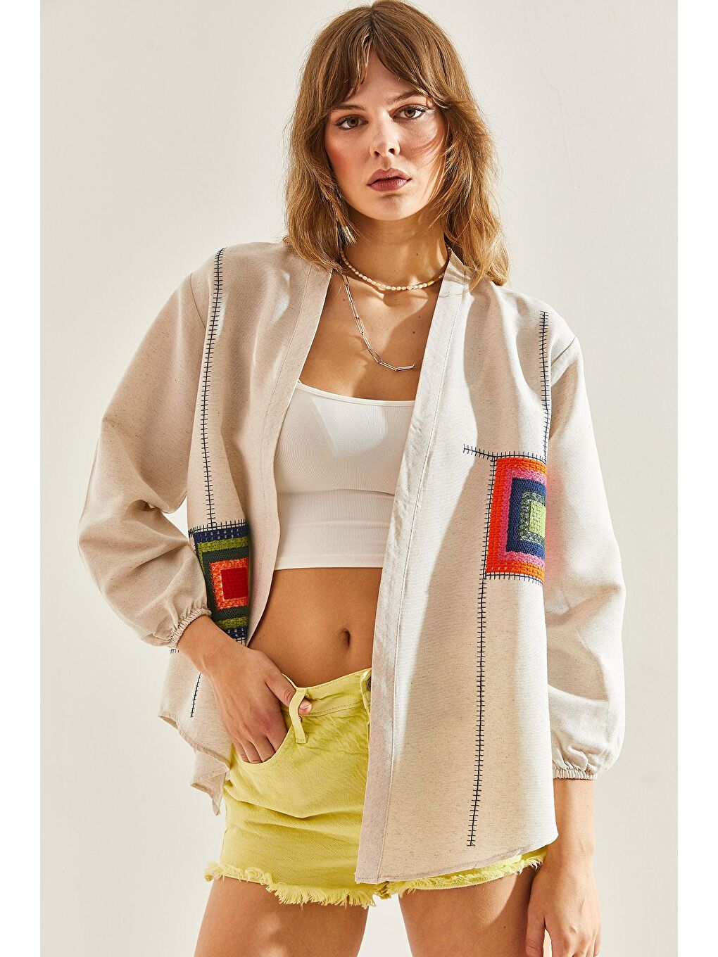 Bej Kadın Keten Nakış İşlemeli Kol Lastikli Oversize Kimono-5