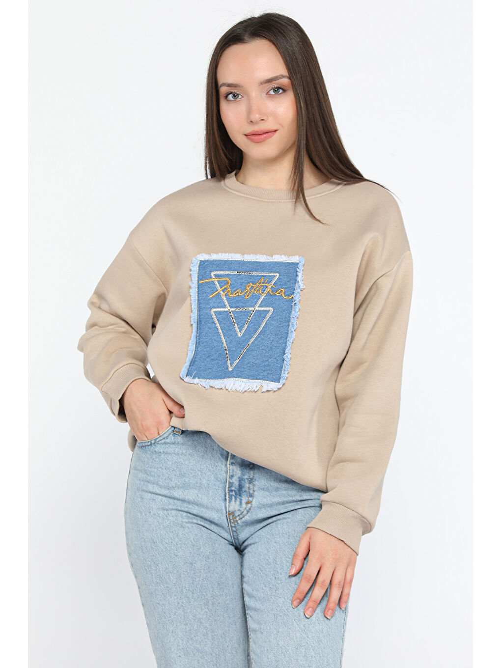 Bej Kadın Bisiklet Yaka Üç İplik Şardonlu Sweatshirt-1