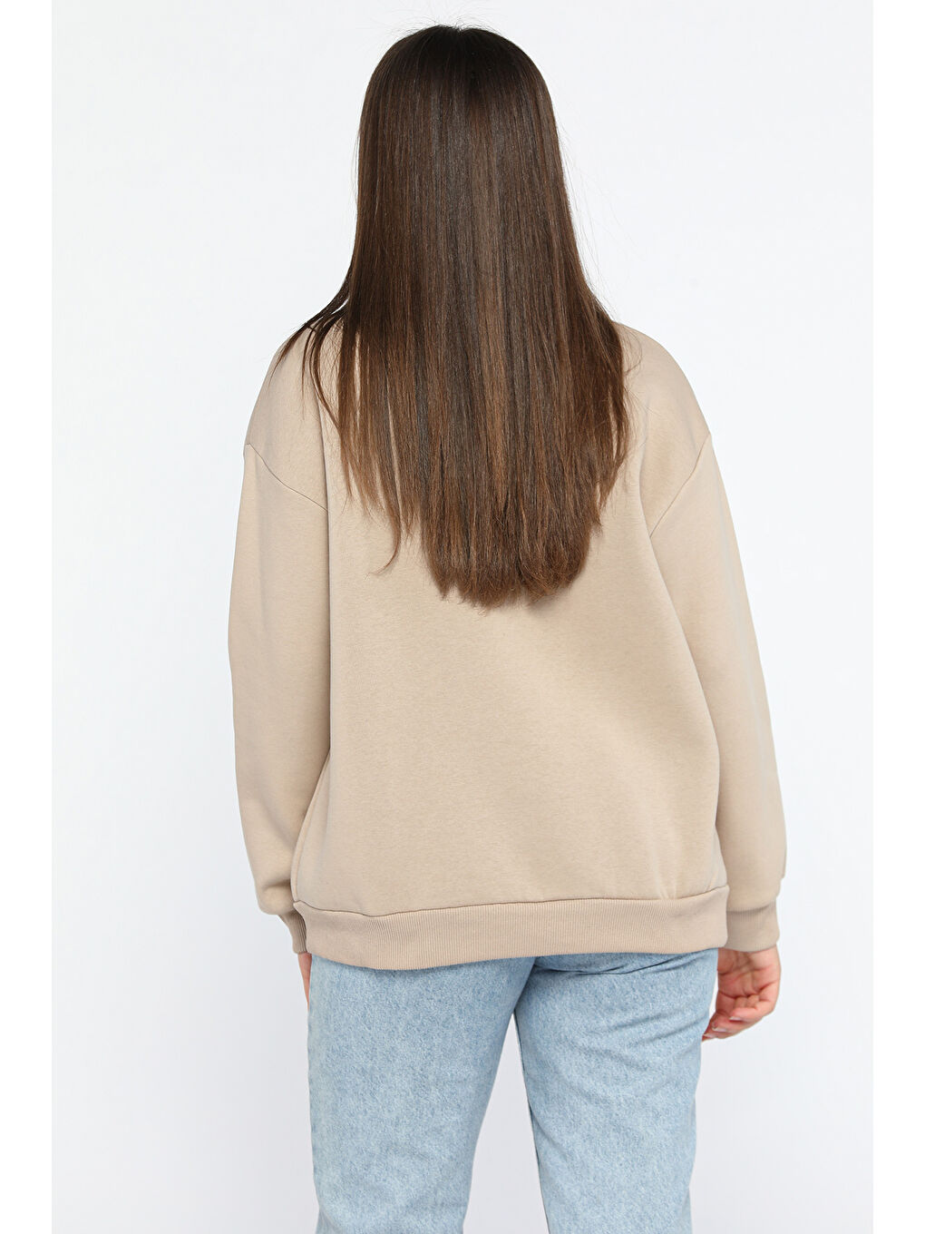 Bej Kadın Bisiklet Yaka Üç İplik Şardonlu Sweatshirt-2