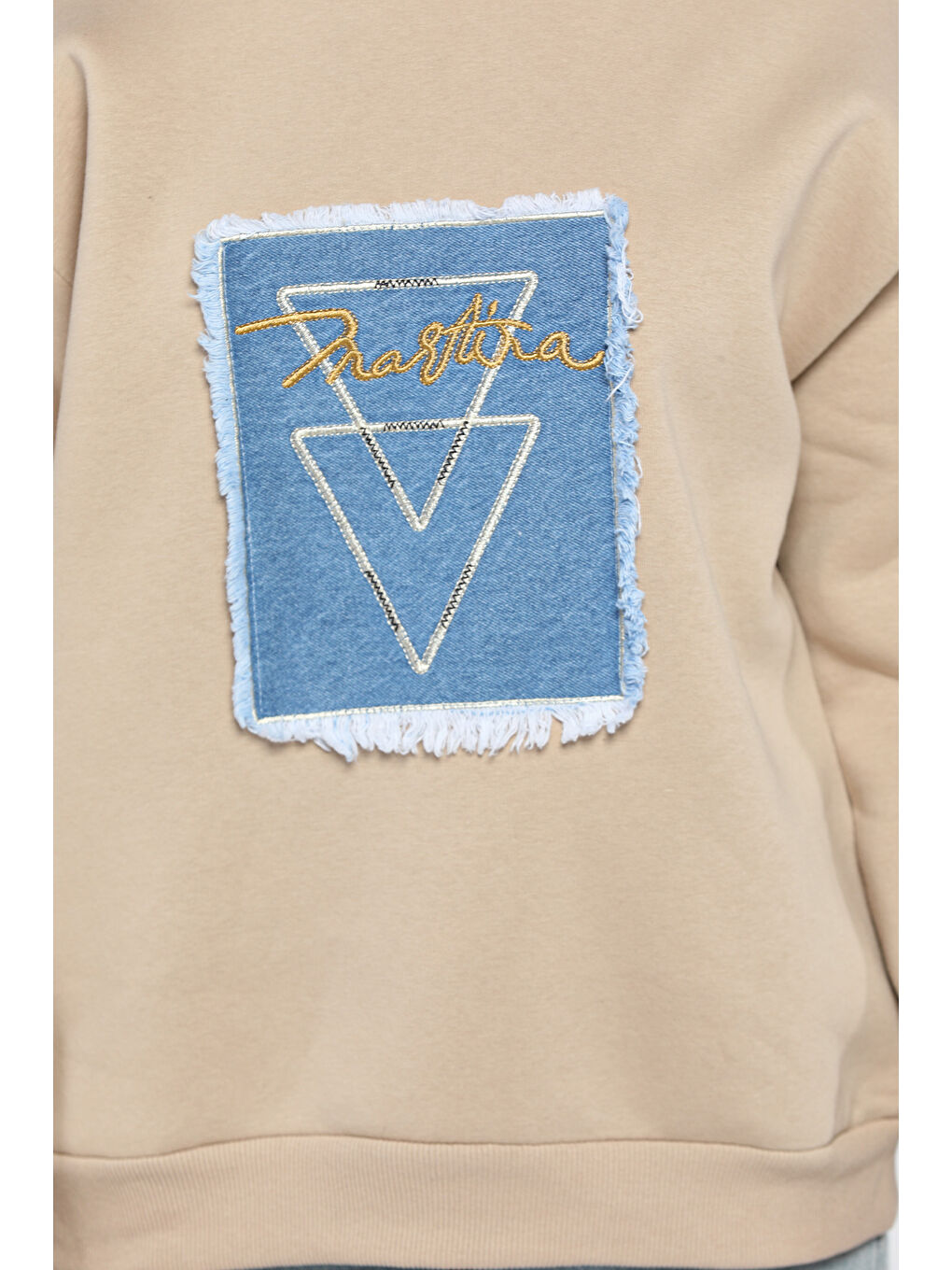 Bej Kadın Bisiklet Yaka Üç İplik Şardonlu Sweatshirt-3