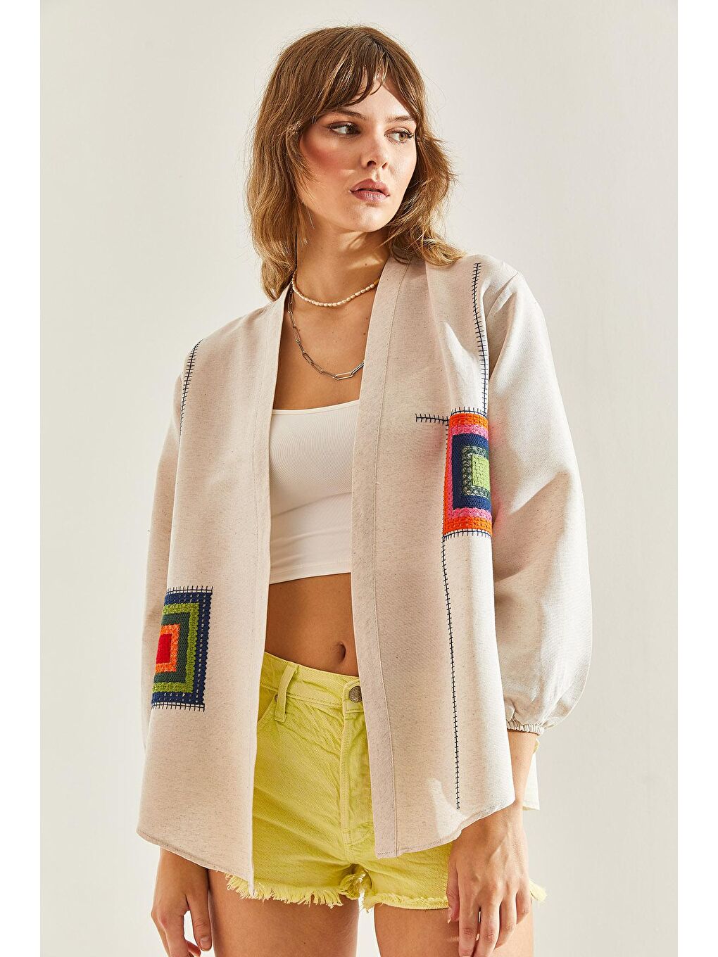 Bej Kadın Keten Nakış İşlemeli Kol Lastikli Oversize Kimono-6