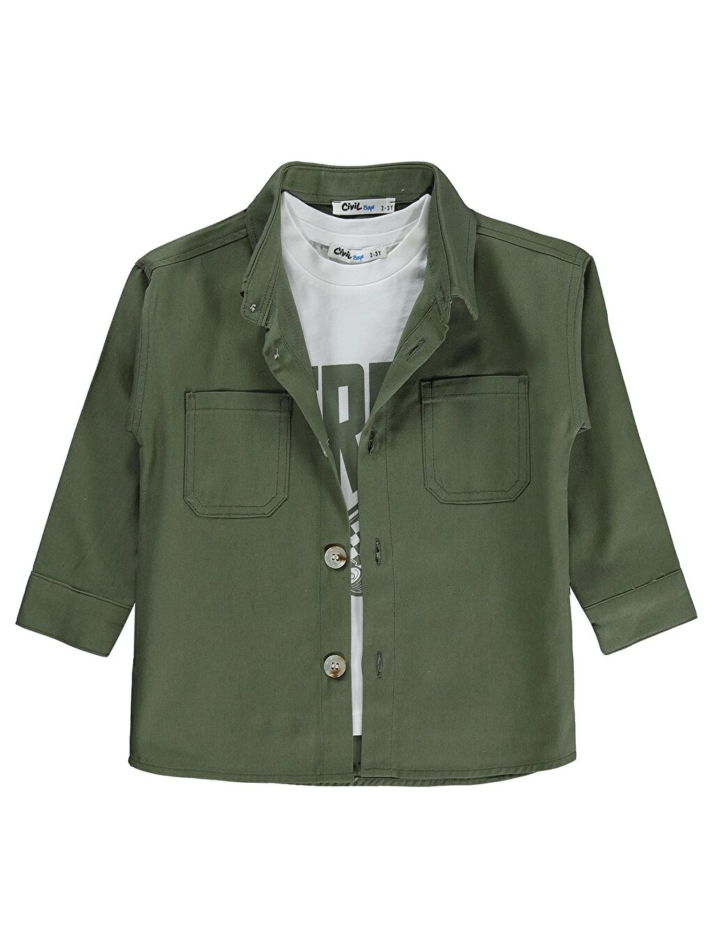 Boys Çift Cepli Tişörtlü 2-5 Yaş Gömlek - Haki 3-4 Yaş