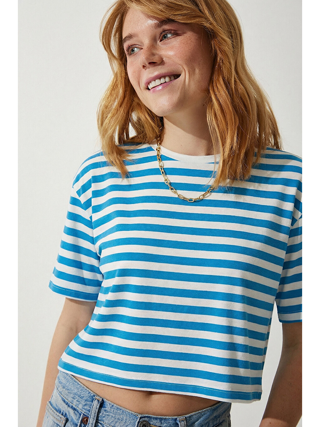 Mavi Oversize Çizgili Pamuklu Örme T-shirt MAVİ BEYAZ LZE0001-1