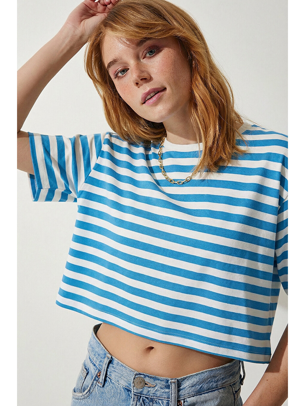 Mavi Oversize Çizgili Pamuklu Örme T-shirt MAVİ BEYAZ LZE0001-2