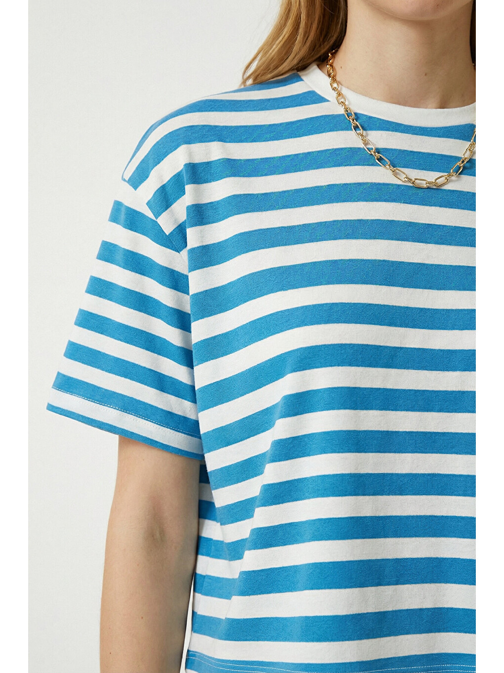 Mavi Oversize Çizgili Pamuklu Örme T-shirt MAVİ BEYAZ LZE0001-3