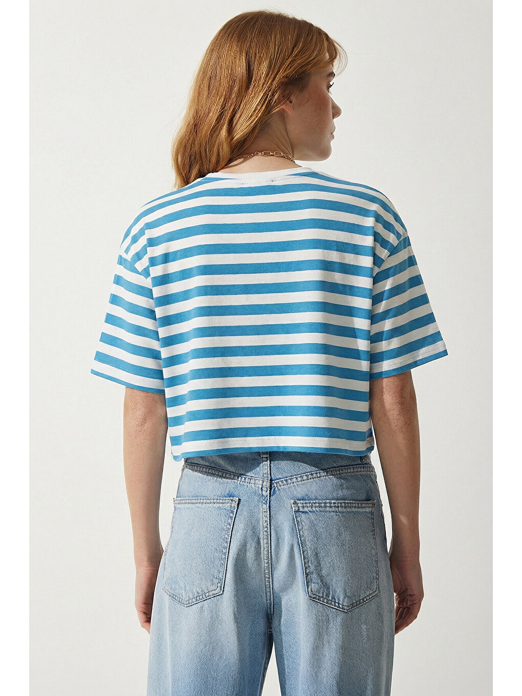 Mavi Oversize Çizgili Pamuklu Örme T-shirt MAVİ BEYAZ LZE0001-4