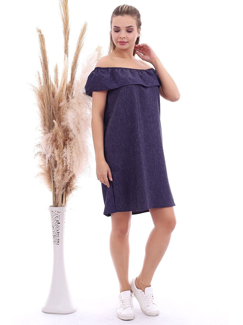 Mor Dokulu Keten Madonna Yaka Elbise-1