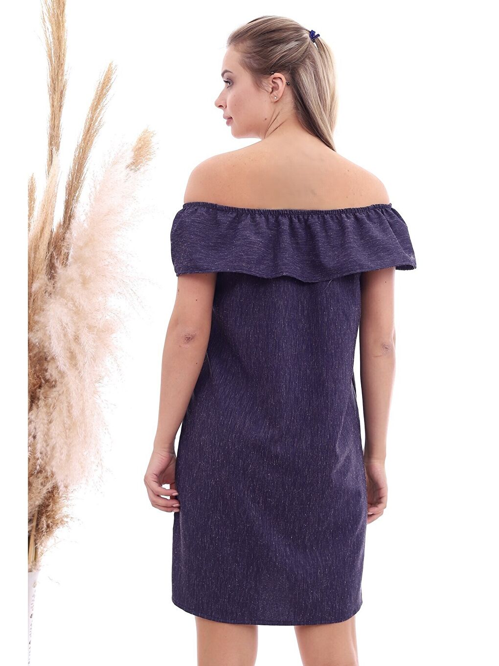 Mor Dokulu Keten Madonna Yaka Elbise-2